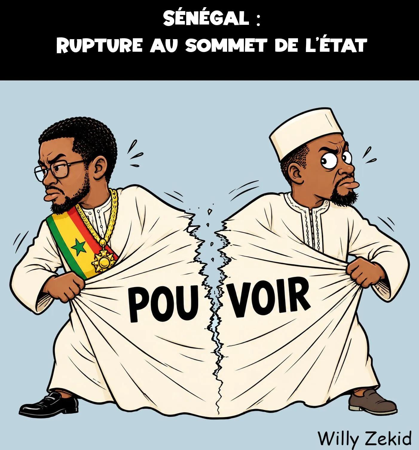 Caricature montrant Ousmane Sonko et Bassirou Diomaye Faye s'éloignant en déchirant la tunique qui les unissait et sur laquelle il est écrit 'pouvoir'.